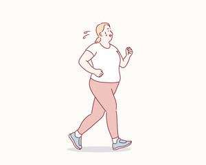 overweight girl running. Hand drawn style vector design illustrations.