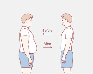 Fat and slim man before and after weight loss. Diet and fitness. Hand drawn style vector design illustrations.