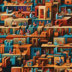 People working in office cubicles, seamless repeat pattern - fantasy colorful cubism, abstract art, trippy psychedelic [Generative AI]
