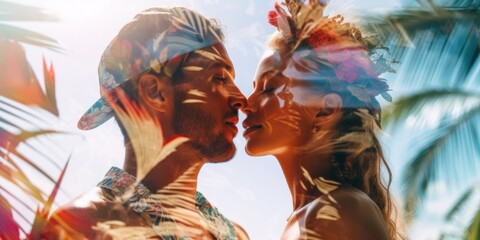 Fototapeta na wymiar A man and a woman kissing in front of palm trees. Generative AI image.