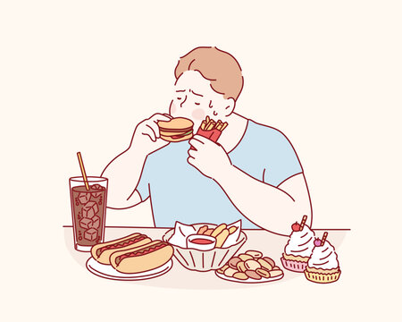fat man hungry and eat a junk food on the table, this image can use for cookie, hot dog, doughnut, hamburger, potatoes, fried, french fries and fat.Hand drawn style vector design illustration