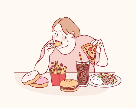 fat girl hungry and eat a junk food on the table, this image can use for pizza, hot dog, doughnut, hamburger, potatoes, fried, french fries and fat.Hand drawn style vector design illustration