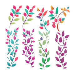 Collection of colorful tropical leaves branches Vector illustration isolated on white.