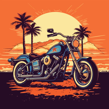 Motorbike on the beach with pump tree and sunset background design for  Tshirt.