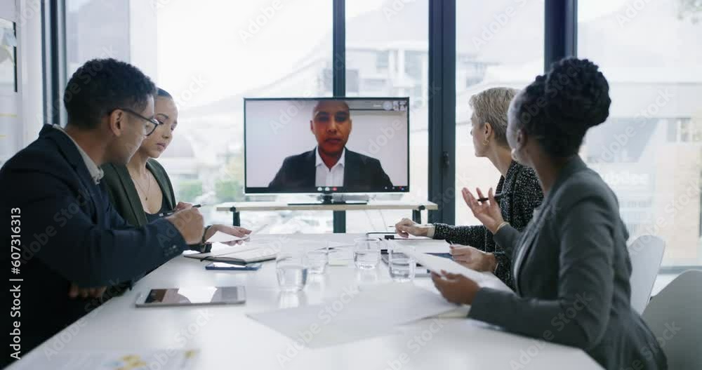 Poster Video call, conference room and business people planning in a meeting with management strategy. Online, working and company webinar with teamwork and collaboration in a seminar for virtual workshop