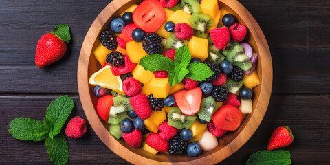 Colorful fruit salad with fresh berries and mint leaves - Generative AI