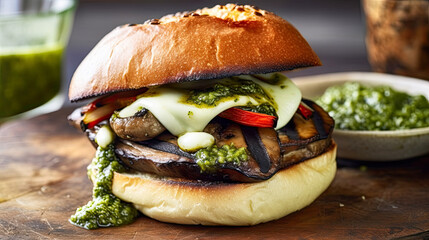 Grilled portobello mushroom burgers with pesto - Generative AI