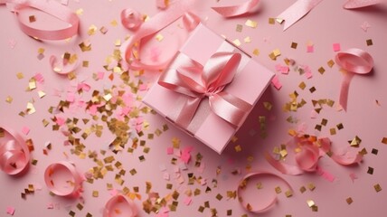 Gift or present box and stars confetti on pink table  Generative AI