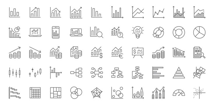 Chart line icons set. Graph, finance report, income growth, economy statistic, gantt diagram, infographic, mind map, data visualization vector illustration. Outline signs of analytic. Editable Stroke