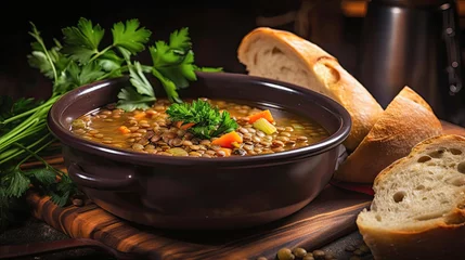Poster A hearty lentil soup with fresh herbs and crusty bread on the side - Generative AI © Zerbor