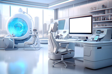 Modern sci-fi futuristic interior blue office design. Futuristic conference room interior. Future technology business marketing concept. 3d rendering, Generative AI illustration