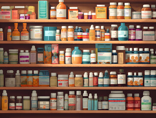 Well-organized pharmacy shelf, displaying an array of neatly arranged prescription medications, over-the-counter drugs, and health supplements, symbolizing access to healthcare. Generative AI