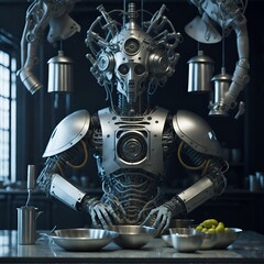 Cybernetic Chef: Futuristic Cooking Robot in Kitchen. Generative art.