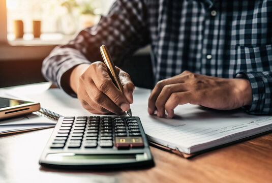 Photo of a man working on finances at a desk with a calculator and pen