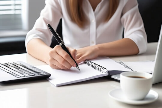 Photo of a woman writing on a notebook at a desk