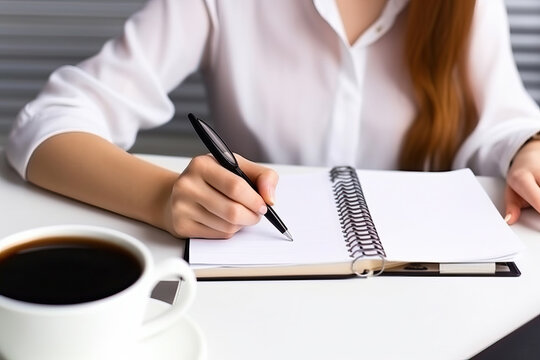 Photo of a woman writing on a notebook at a desk