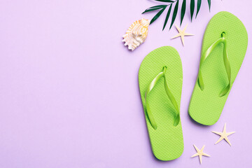 Flat lay composition with flip flops and seashell on colored background. Space for text top view