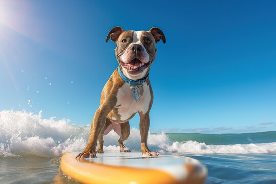 Image of a happy American Staffordshire terrier surfing on a surfboard at the beach on a sunny day.