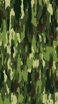 Camouflage pattern background loop in jungle, forest camo colors, khaki, green. Vertical video.