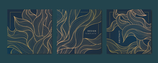 Vector set of abstract luxury golden square cards, templates for social net, leaves, seaweed, alga botanical, art deco wallpaper background. Pattern, texture for print, fabric, packaging design