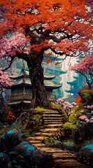 Obraz premium Anime style sakura tree landscapes