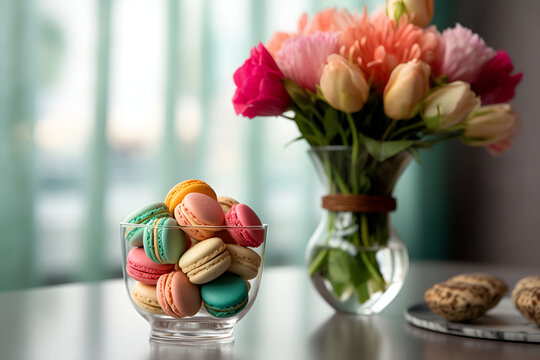  sul tavolo macarones in vaso di vetro e fiori