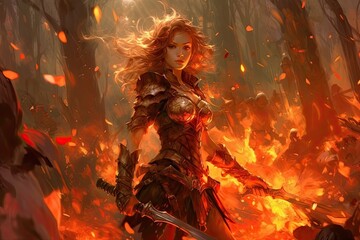 Fototapeta premium a beautiful fantasy woman rogue with many weapons in a burning forest, illustration generative ai