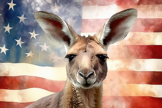 Watercolour of kangaroo head with forest and USA Flag Background, an airbrush painting, shutterstock contest winner, american scene painting, airbrush art, detailed painting. 