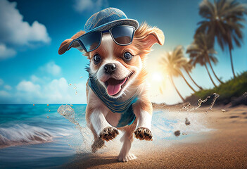 Happy puppy in glasses runs along the seashore. AI genarated