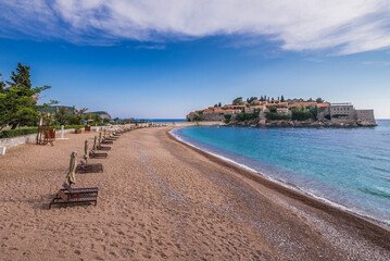 Beach of Sveti Stefan islet on the Adriatic coast of Montenegro
