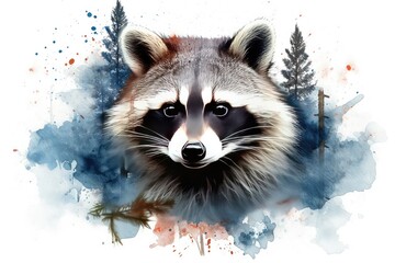 Watercolour of raccoon head with forest and USA Flag Background, an airbrush painting, shutterstock contest winner, american scene painting, airbrush art, detailed painting.  - obrazy, fototapety, plakaty