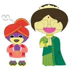 Mr.purple bear and friend in Indian traditional costume is  putting hands together,Children raised their hands to pay respect to welcome,Greeting  Namaste Indian mean Hello