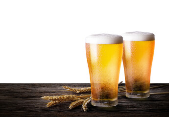 Two glass of beer with wheat on wooden table transparent background png