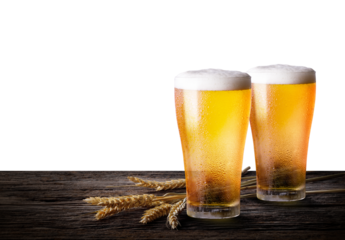 Two glass of beer with wheat on wooden table transparent background png