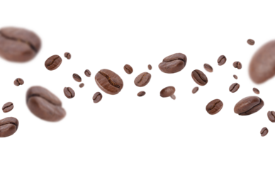 Flying whirl roasted coffee beans in the air studio shot with transparent background png