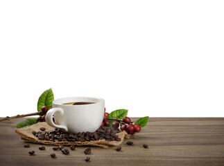 Hot Coffee cup with Coffee beans on the wooden table with transparent background png