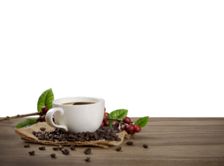 Hot Coffee cup with Coffee beans on the wooden table with transparent background png