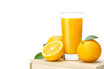 Fresh orange juice on a basket, Fresh fruits Orange juice in glass with group on transparent...