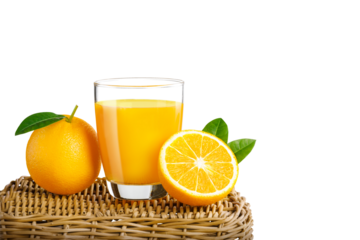 Glass of fresh orange juice on a basket, Fresh fruits Orange juice in glass with group on transparent background png