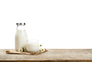 A bottle of milk and glass of milk on a wooden table with transparent background png, nutritious and healthy dairy products