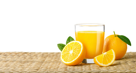 Glass of fresh orange juice on a rattan basket, Fresh fruits Orange juice in glass with group on transparent background png