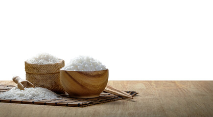 Fototapeta na wymiar Rice and steamed rice in wooden bowl with the chopsticks on the wooden table with transparent background png