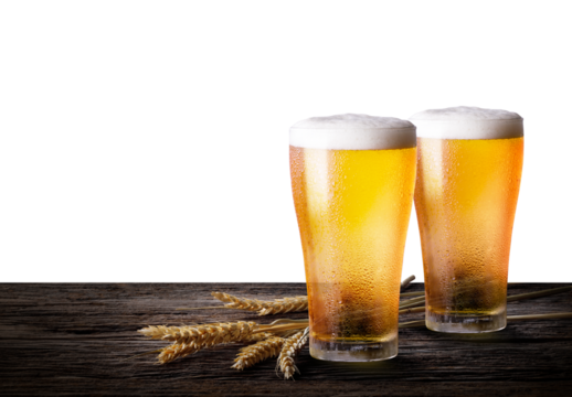 Two glass of beer with wheat on wooden table transparent background png