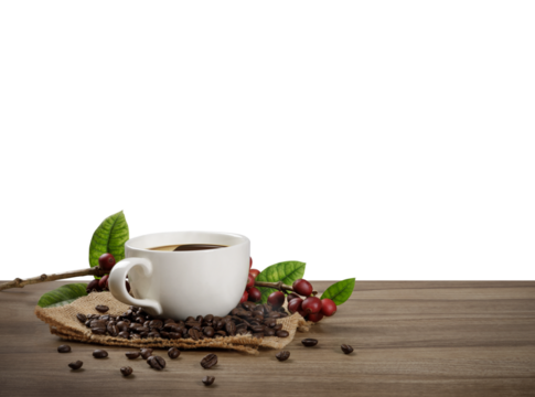 Hot Coffee cup with Coffee beans on the wooden table with transparent background png
