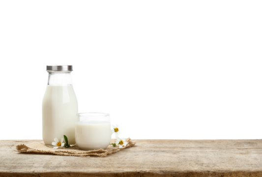 A bottle of milk and glass of milk on a wooden table with transparent background png, nutritious and healthy dairy products