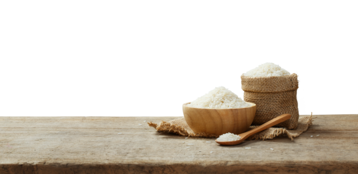 Rice and steamed rice in wooden bowl with the chopsticks on the wooden table with transparent background png