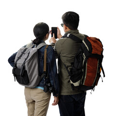 Young traveler man and girl with the backpack using smartphone searching direction on location map transparent background png, Adventure and travel in the mountains region concept