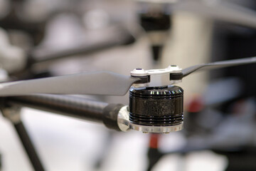 A combat drone's propeller captured up-close for warfare applications.