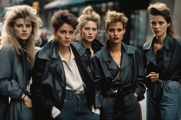 group of female models in fashionable clothes in retro style of the 1990s on city street. Vintage fashion. Generative AI - obrazy, fototapety, plakaty