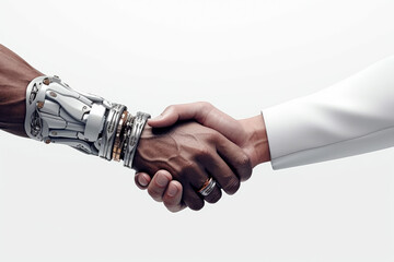 Business handshake between robot and human, partners or friends.AI generated. - obrazy, fototapety, plakaty